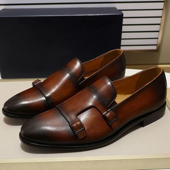 Handmade Hand-Painted Patina Double Monk Strap Loafers - Genuine Leather Slip-On Dress Shoes for Men - Image 6