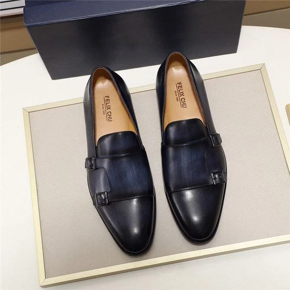Handmade Hand-Painted Patina Double Monk Strap Loafers - Genuine Leather Slip-On Dress Shoes for Men - Image 4