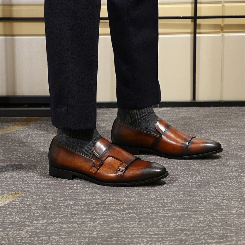 Handmade Hand-Painted Patina Double Monk Strap Loafers - Genuine Leather Slip-On Dress Shoes for Men - Image 8