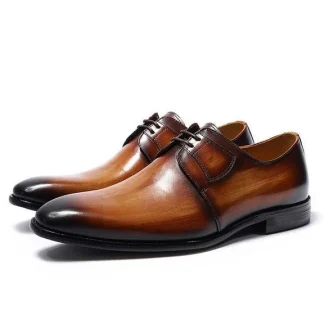 Hand-Painted Patina Men’s Derby Shoes - Genuine Leather Lace-Up Formal Business Shoes