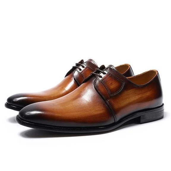 Hand-Painted Patina Men’s Derby Shoes - Genuine Leather Lace-Up Formal Business Shoes