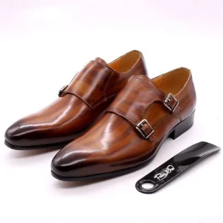Men’s Genuine Leather Double Buckle Monk Strap Shoes - Brown Formal Wedding Dress Shoes