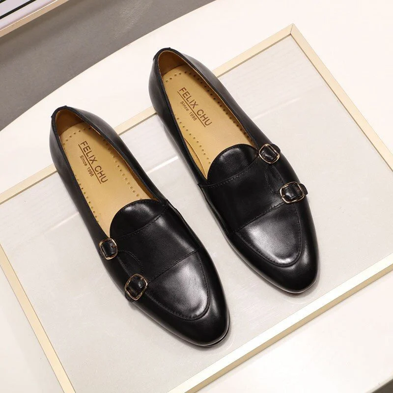 Genuine Leather Hand-Painted Monk Strap Loafer Shoes - Black and Brown Dress Shoes for Men - Image 6