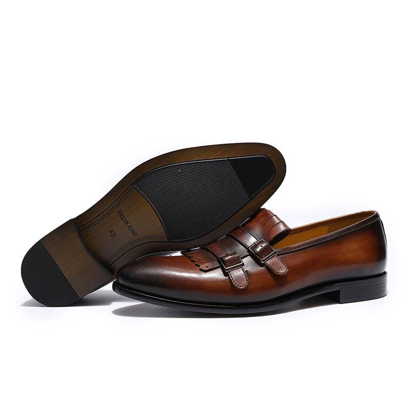 Classic Double Monk Strap Loafers - Genuine Leather Brown and Green Dress Shoes for Men - Image 3