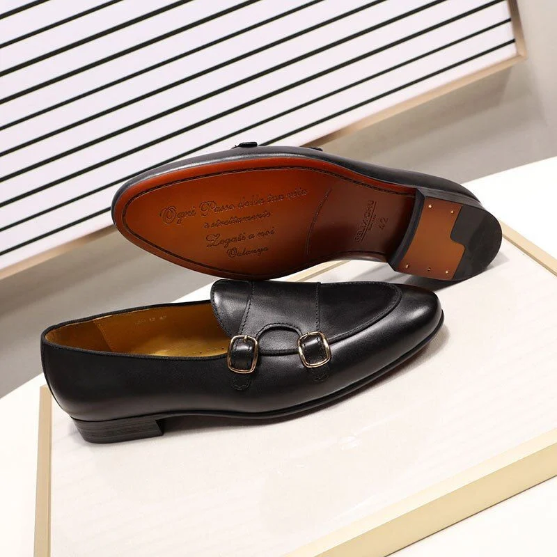 Genuine Leather Hand-Painted Monk Strap Loafer Shoes - Black and Brown Dress Shoes for Men - Image 7