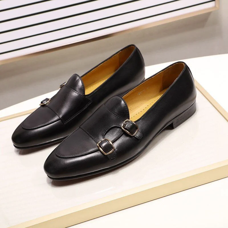 Genuine Leather Hand-Painted Monk Strap Loafer Shoes - Black and Brown Dress Shoes for Men - Image 5