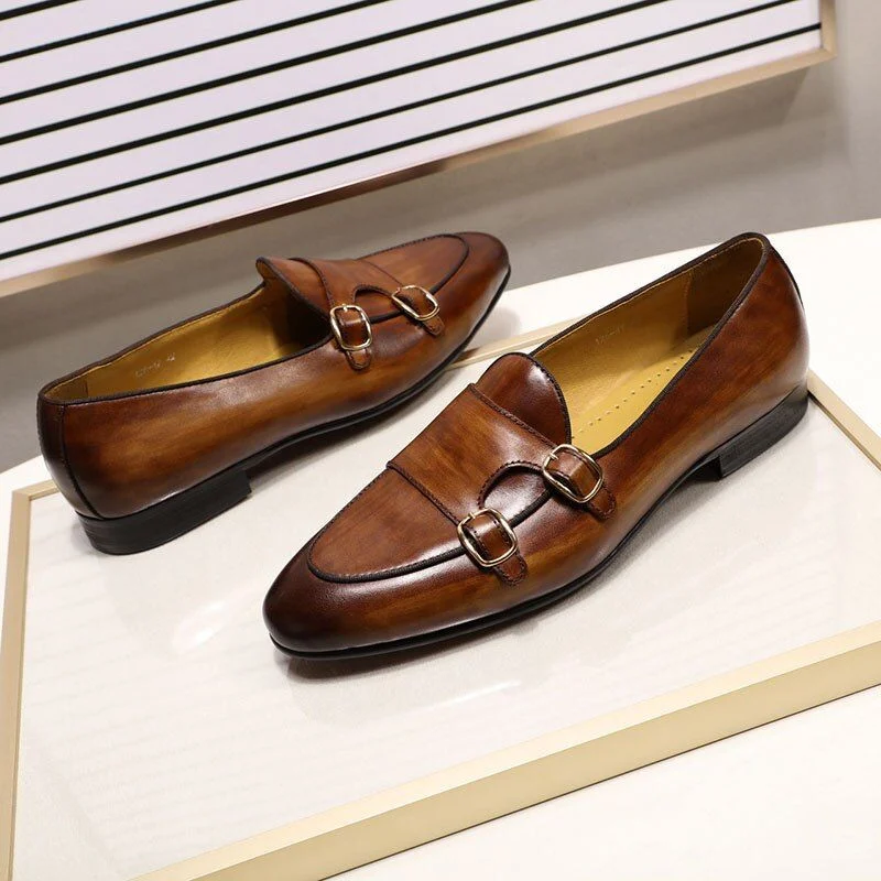 Genuine Leather Hand-Painted Monk Strap Loafer Shoes - Black and Brown Dress Shoes for Men - Image 4