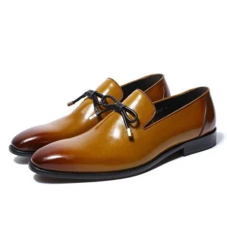 Men’s Brown Leather Wedding Loafer Shoes - Italian Style Slip-On with Bow Tie