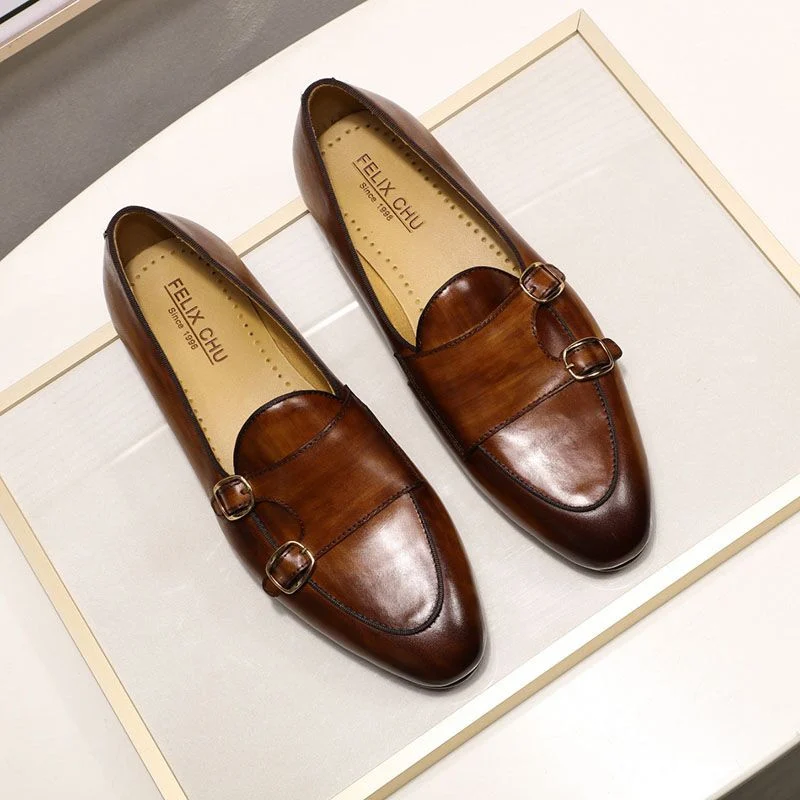 Genuine Leather Hand-Painted Monk Strap Loafer Shoes - Black and Brown Dress Shoes for Men - Image 3
