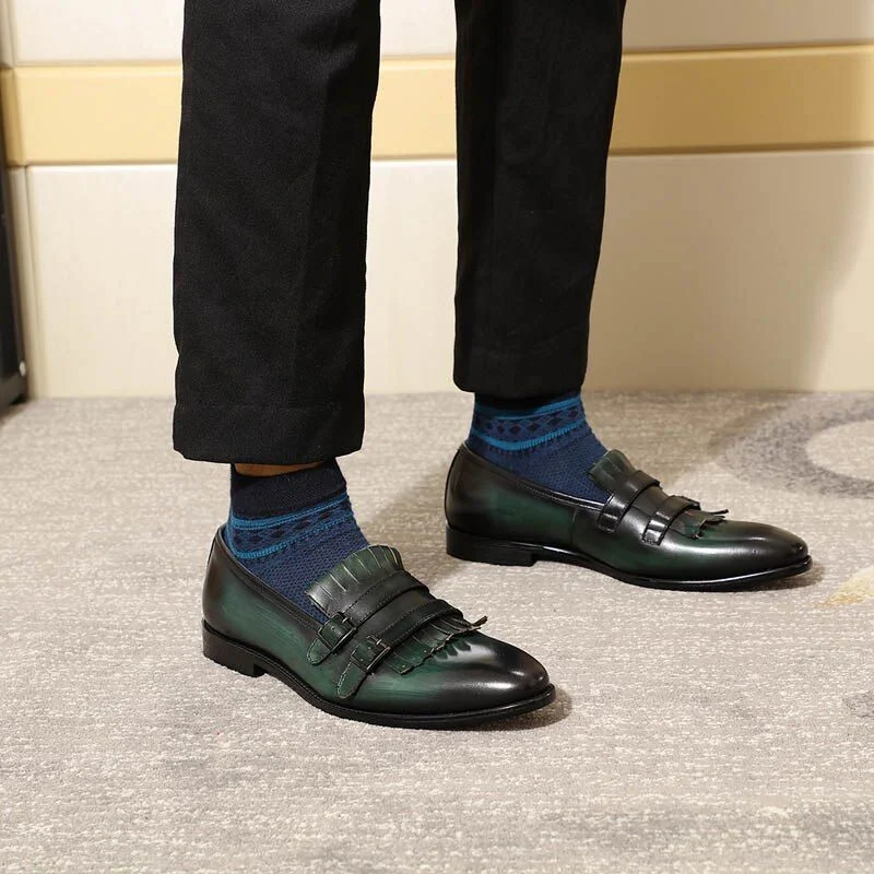 Classic Double Monk Strap Loafers - Genuine Leather Brown and Green Dress Shoes for Men - Image 4