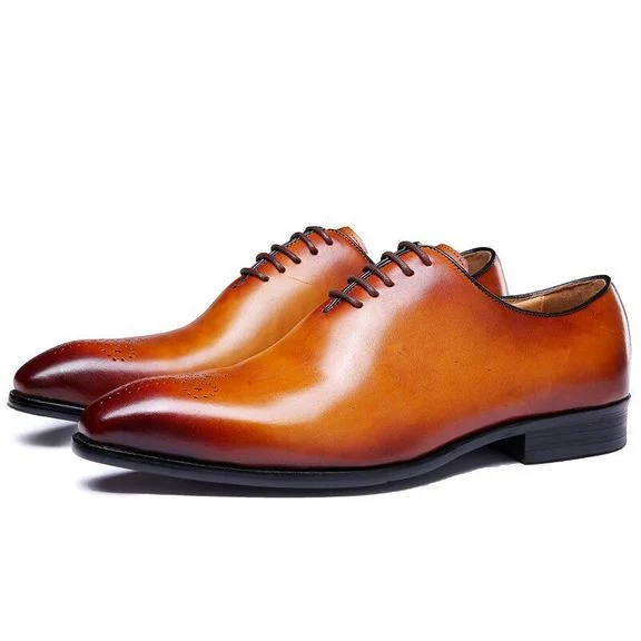 Men’s Wholecut Patina Oxford Shoes - Genuine Leather Classic Brogue Lace-Up Dress Shoes