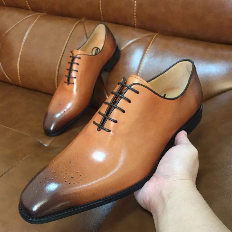 Men’s Wholecut Patina Oxford Shoes - Genuine Leather Classic Brogue Lace-Up Dress Shoes - Image 4