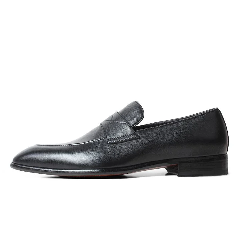 Handmade Plain Black Litchi Leather Loafers - Blake Stitched Luxury Casual Shoes for Men
