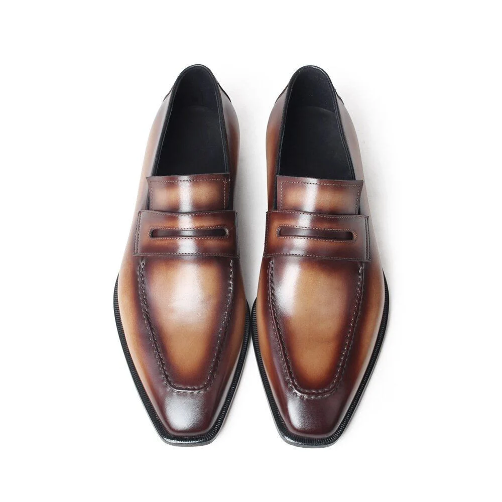 Summer Patina Brown Leather Loafer Shoes - Genuine Leather Slip-On Casual Footwear - Image 4