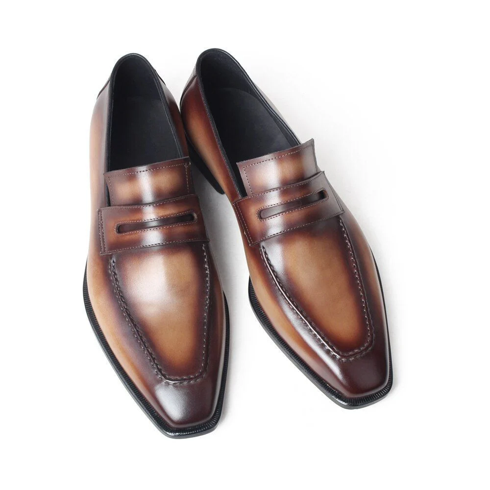 Summer Patina Brown Leather Loafer Shoes - Genuine Leather Slip-On Casual Footwear - Image 3