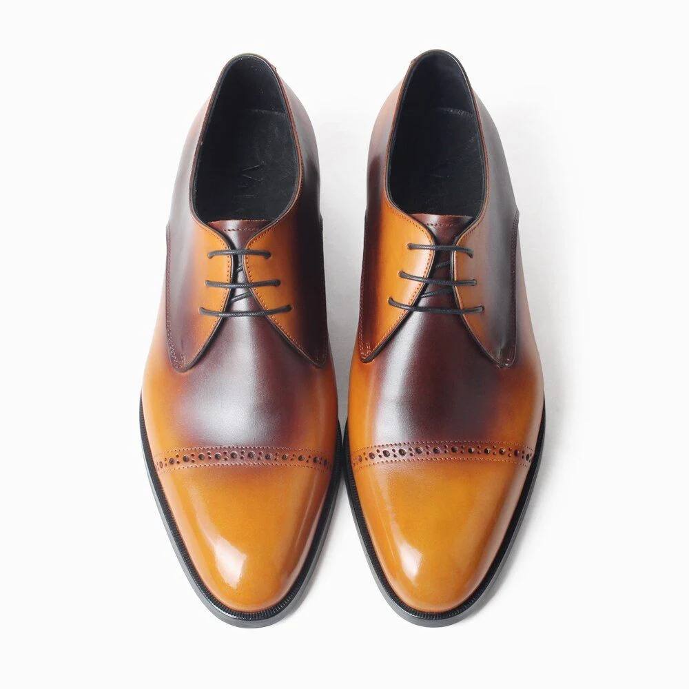 Men’s Patina Cow Leather Derby Shoes - Round Toe Formal Dress Shoes - Image 4