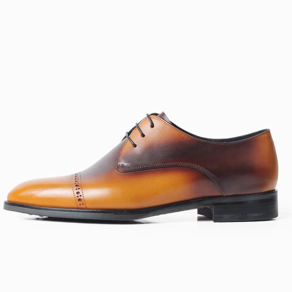 Men’s Patina Cow Leather Derby Shoes - Round Toe Formal Dress Shoes