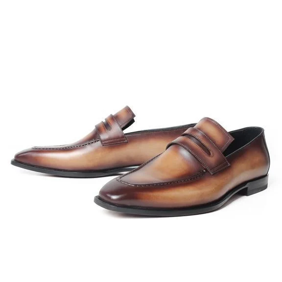 Summer Patina Brown Leather Loafer Shoes - Genuine Leather Slip-On Casual Footwear - Image 2