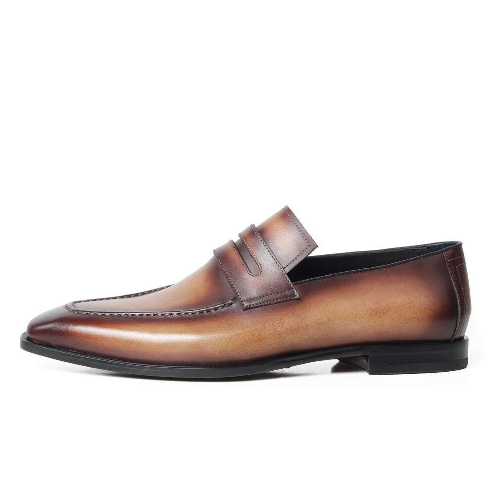 Summer Patina Brown Leather Loafer Shoes - Genuine Leather Slip-On Casual Footwear