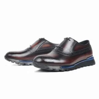 Handmade Patina Full Brogue Men’s Sneakers - Genuine Leather Casual Shoes