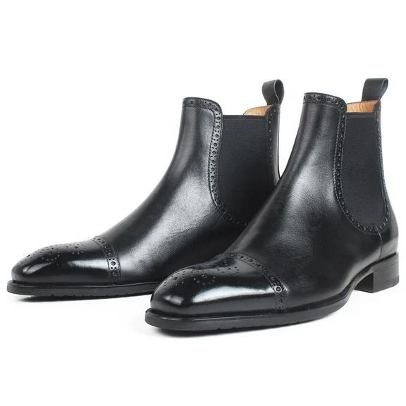Autumn New Men's Chelsea Boots Slip-on Black Genuine Cow Skin Handmade Brogue Patina Blake Ankle Leather Boots For Men