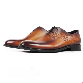 Handmade Patina Leather Engraved Dress Shoes - Elegant Men’s Footwear for Weddings and Office