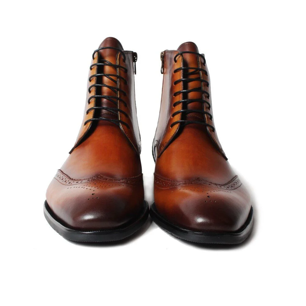 Full Brogue Vintage Men's Ankle Boots Patina Plain Brown Handmade Mans Footwear Genuine Cow Leather Square Toe Botas - Image 3