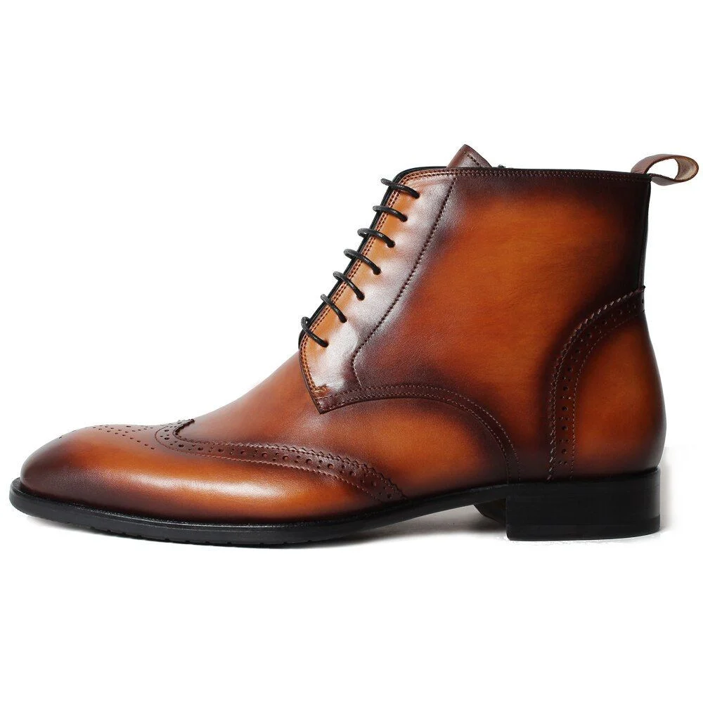 Full Brogue Vintage Men's Ankle Boots Patina Plain Brown Handmade Mans Footwear Genuine Cow Leather Square Toe Botas - Image 4