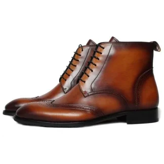Full Brogue Vintage Men's Ankle Boots Patina Plain Brown Handmade Mans Footwear Genuine Cow Leather Square Toe Botas