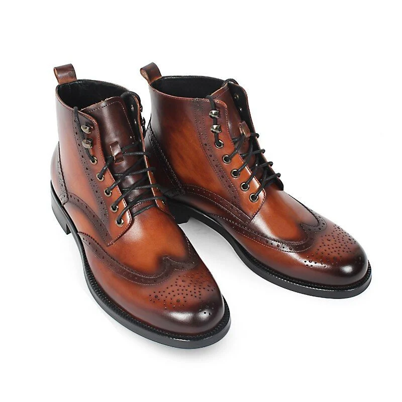 Winter New Motorcycle Boots Men Patina Blake Brogue Male Classic Ankle Boot Genuine Cow Leather Lace-Up Bota Hombre - Image 2