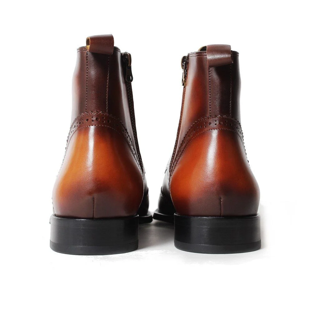 Full Brogue Vintage Men's Ankle Boots Patina Plain Brown Handmade Mans Footwear Genuine Cow Leather Square Toe Botas - Image 5