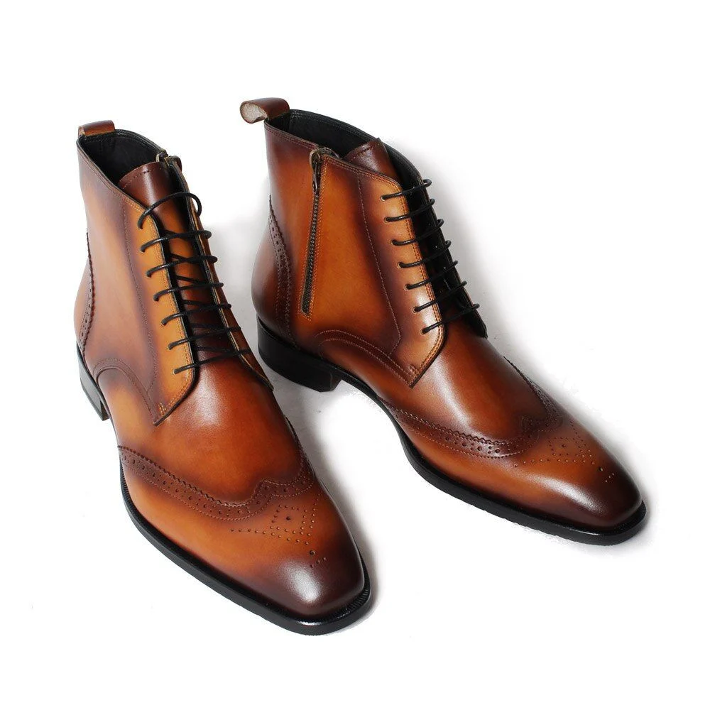 Full Brogue Vintage Men's Ankle Boots Patina Plain Brown Handmade Mans Footwear Genuine Cow Leather Square Toe Botas - Image 2
