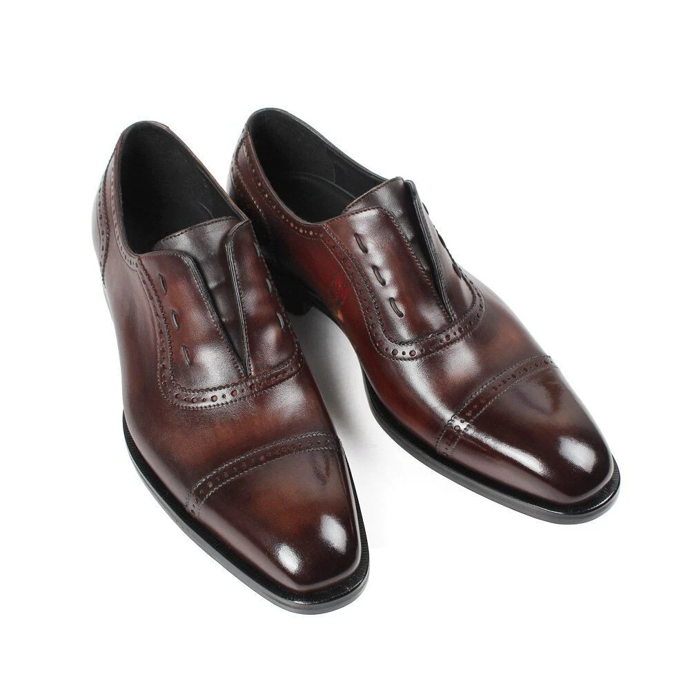 Custom Patina Brown Oxford Shoes with Bird Engraving - Men's Elastic Band Dress Shoes - Image 2