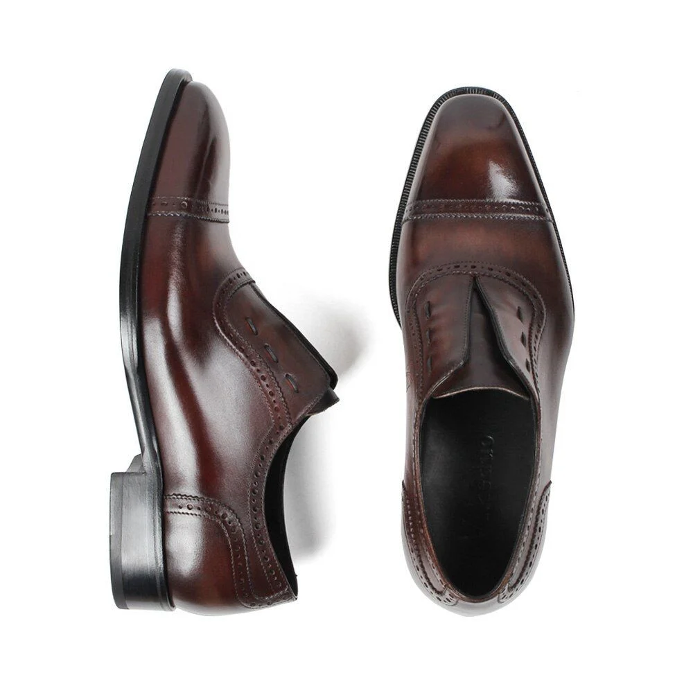 Custom Patina Brown Oxford Shoes with Bird Engraving - Men's Elastic Band Dress Shoes - Image 4