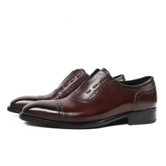 Custom Patina Brown Oxford Shoes with Bird Engraving - Men's Elastic Band Dress Shoes