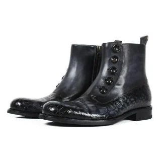 Genuine Crocodile & Cow Leather Ankle Boots – Handmade Black Bespoke Wedding & Office Shoes for Men