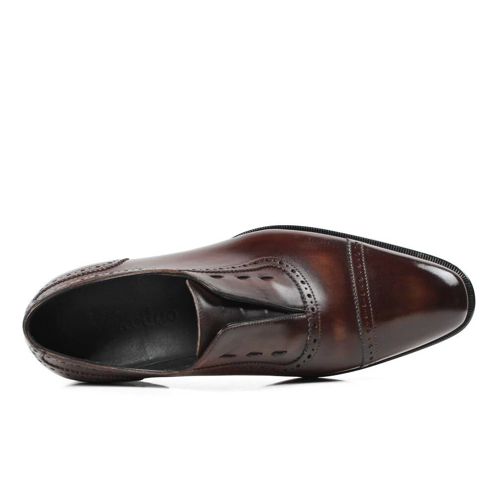 Custom Patina Brown Oxford Shoes with Bird Engraving - Men's Elastic Band Dress Shoes - Image 6