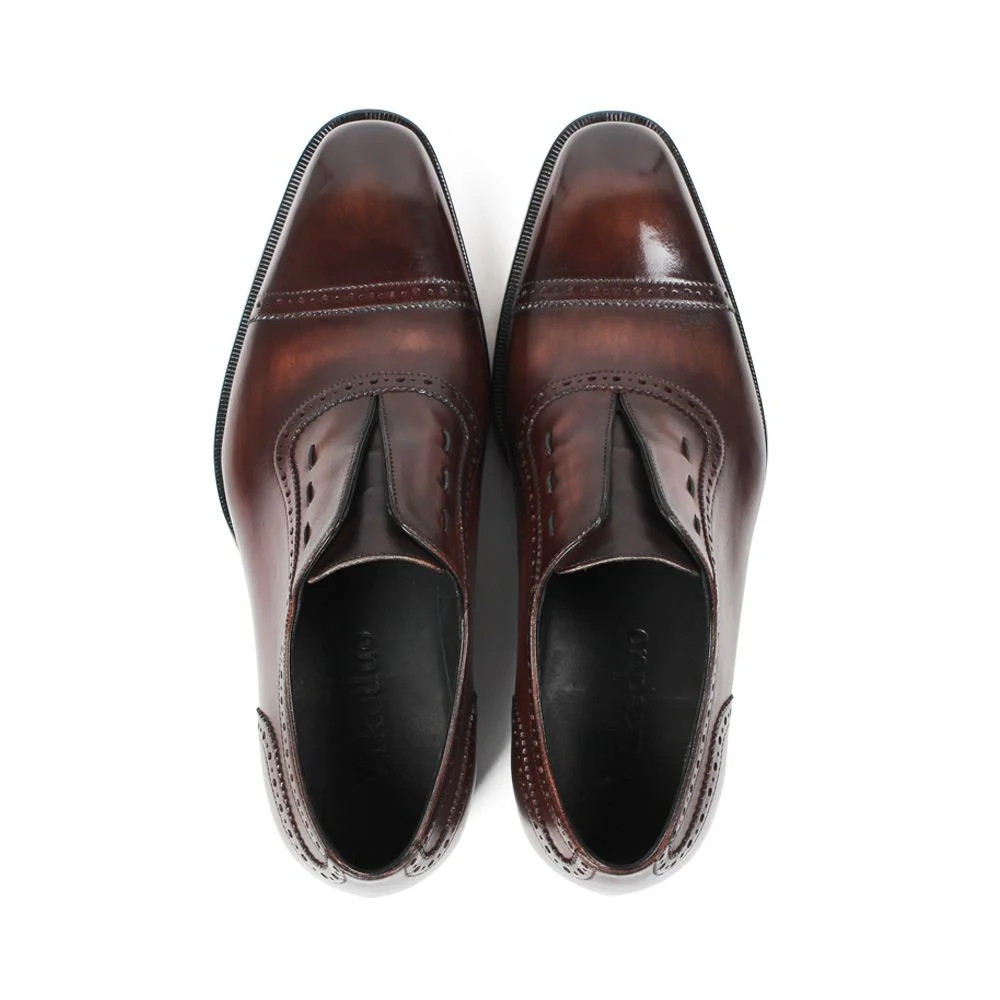 Custom Patina Brown Oxford Shoes with Bird Engraving - Men's Elastic Band Dress Shoes - Image 3