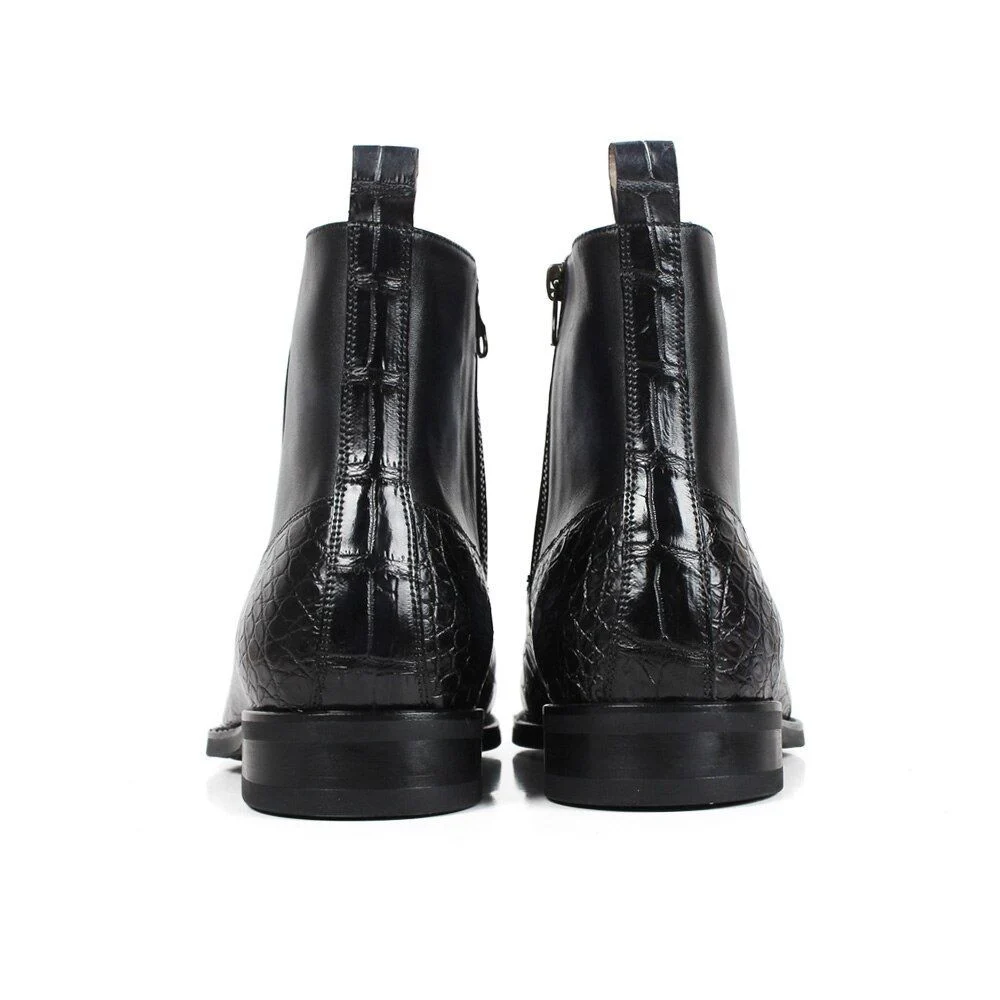 Genuine Crocodile & Cow Leather Ankle Boots – Handmade Black Bespoke Wedding & Office Shoes for Men - Image 5