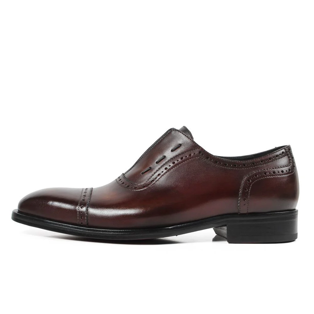 Custom Patina Brown Oxford Shoes with Bird Engraving - Men's Elastic Band Dress Shoes - Image 5