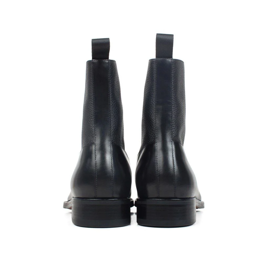 Men’s Black Leather Patchwork Ankle Boots - Handmade Round Toe Autumn Winter Boots - Image 6