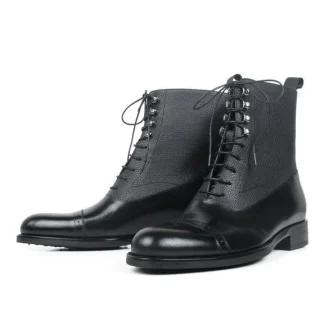 Men’s Black Leather Patchwork Ankle Boots - Handmade Round Toe Autumn Winter Boots