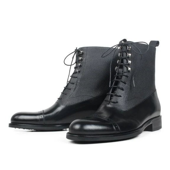 Men’s Black Leather Patchwork Ankle Boots - Handmade Round Toe Autumn Winter Boots