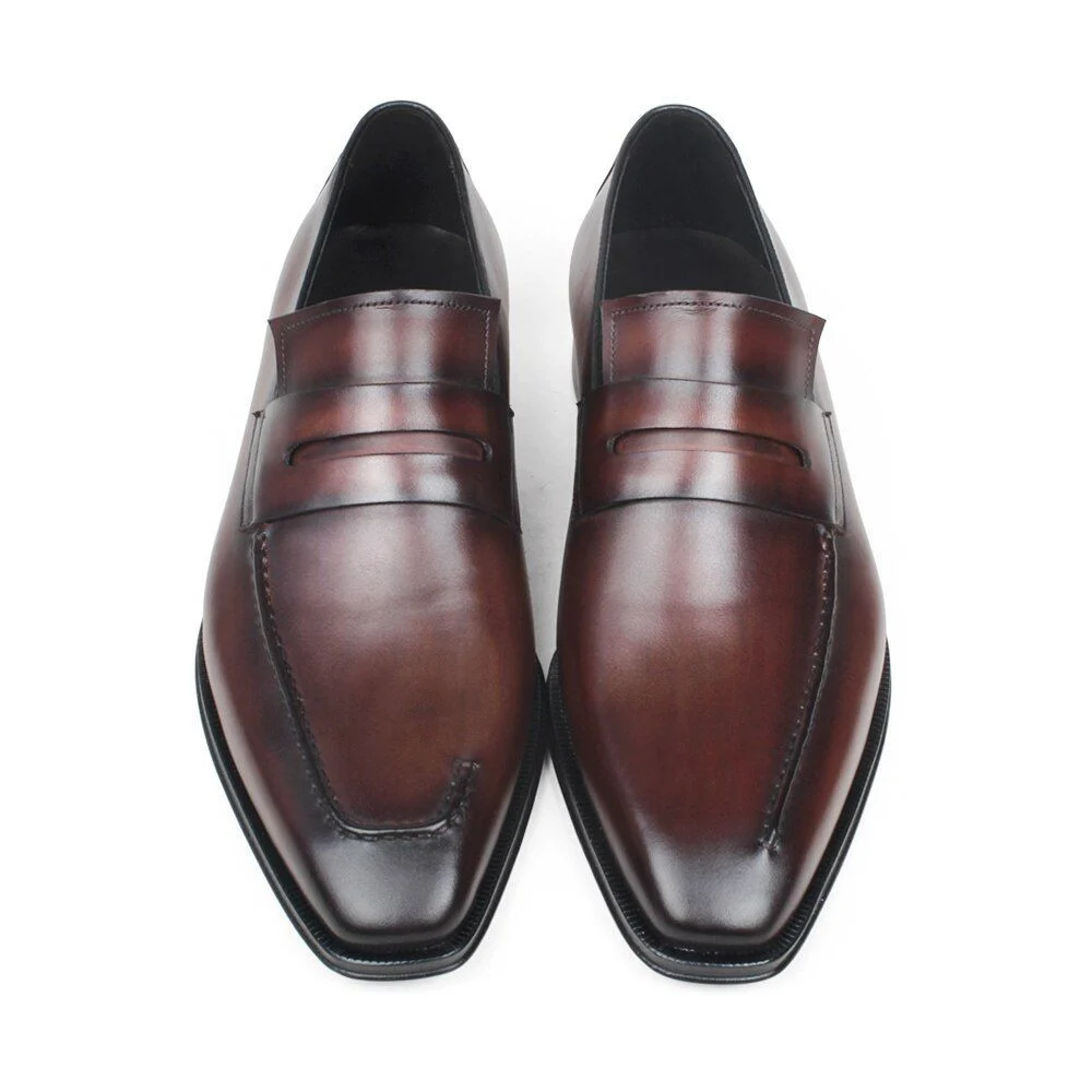 Handmade Patina Coffee Leather Square Toe Shoes - Men’s Summer Wedding and Office Footwear - Image 3