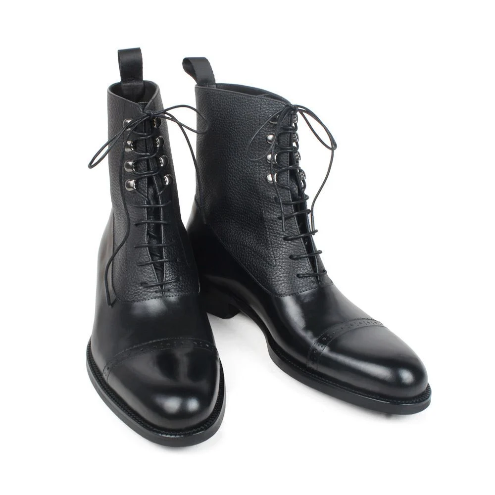 Men’s Black Leather Patchwork Ankle Boots - Handmade Round Toe Autumn Winter Boots - Image 7