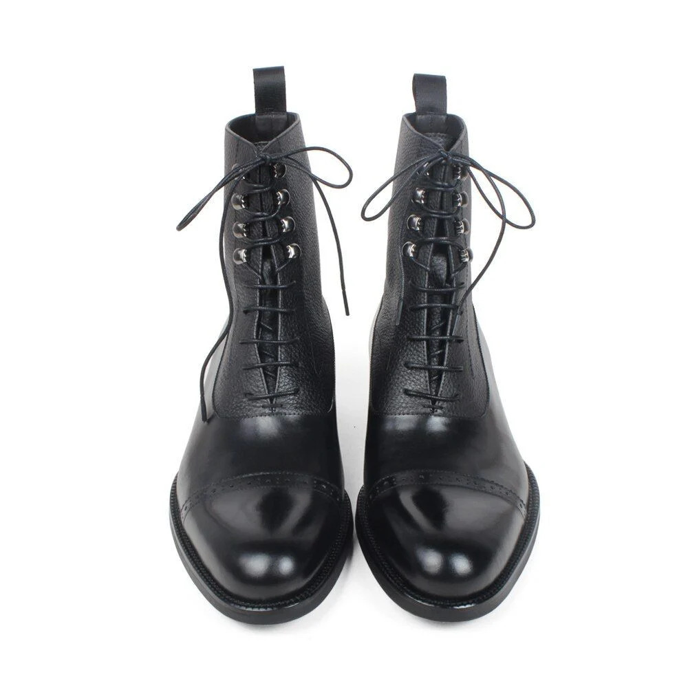 Men’s Black Leather Patchwork Ankle Boots - Handmade Round Toe Autumn Winter Boots - Image 3