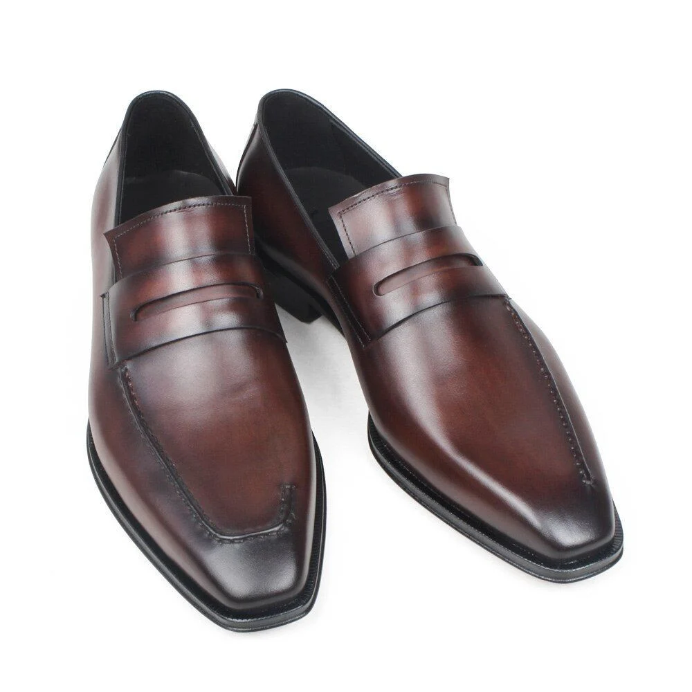 Handmade Patina Coffee Leather Square Toe Shoes - Men’s Summer Wedding and Office Footwear - Image 9