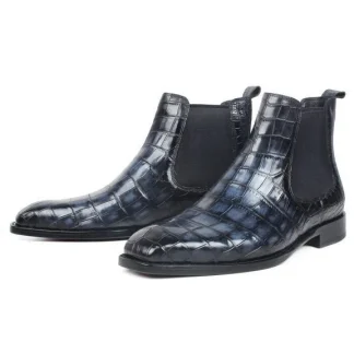 100% Genuine Crocodile Leather Ankle Boots - Handmade Patina Square Toe Winter Chelsea Boots for Men
