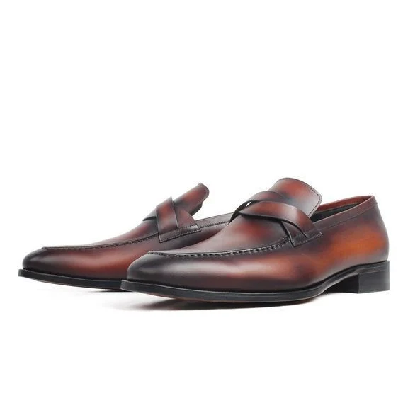 Men’s Handmade Patina Leather Loafers - Casual Slip-On Shoes for Wedding and Office