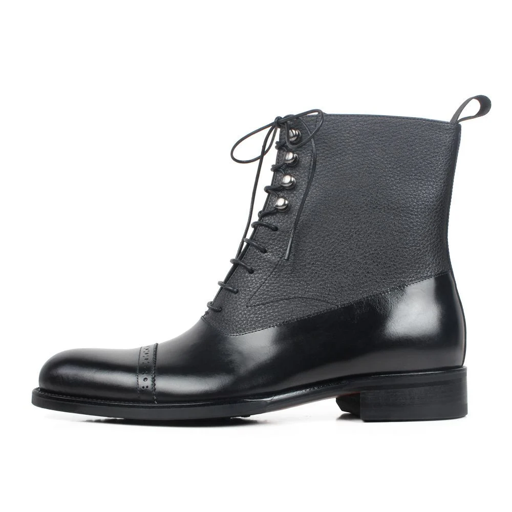 Men’s Black Leather Patchwork Ankle Boots - Handmade Round Toe Autumn Winter Boots - Image 4